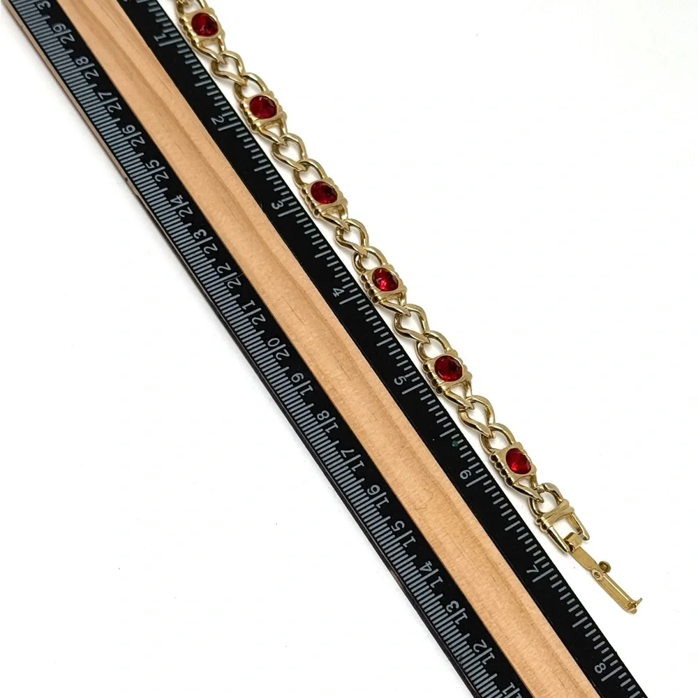 Vintage Goldtone Link Bracelet with Red Rhinestones